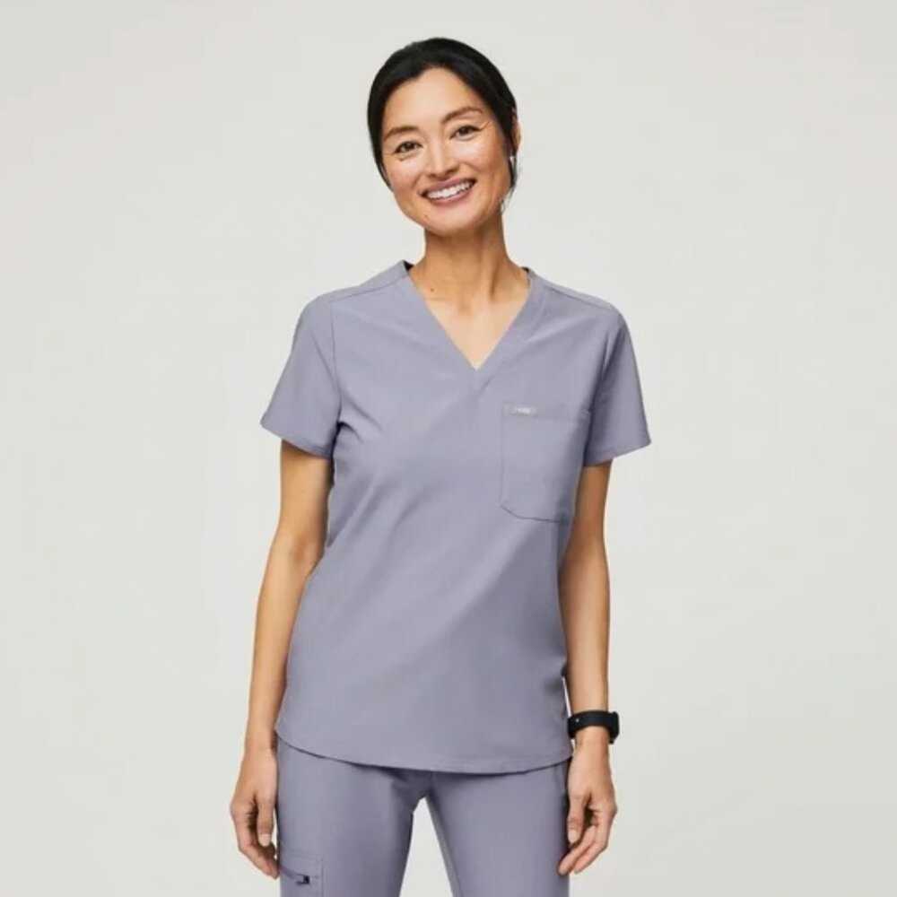 Figs Caterina One Pocket Scrub Top - Vapor Blue Space Dye, Small
